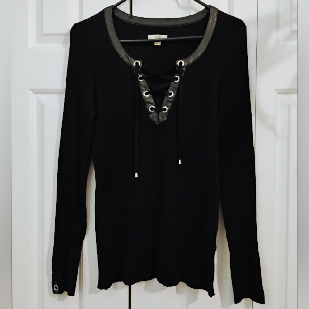 Cache Ribbed Lace Up Sweater Sz M
